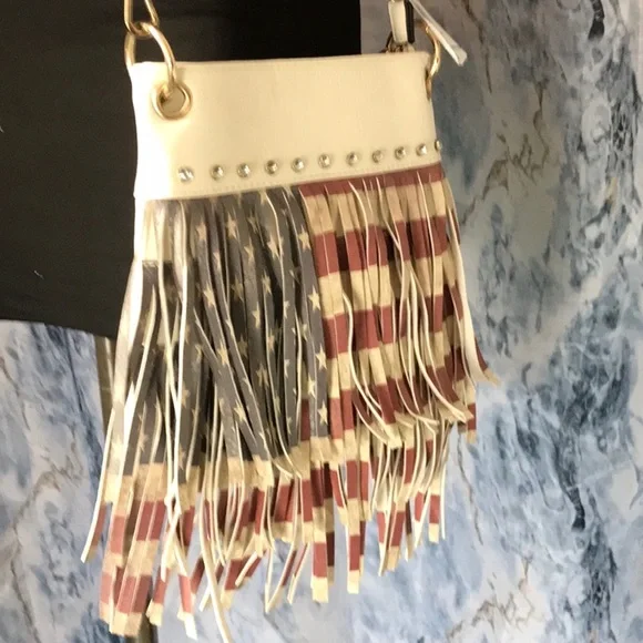 NWT Americana red white blue purse fringes vegan leather zipper compartments - Picture 3 of 12